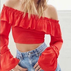 UO Red Off The Shoulder Flowy Long Sleeve Crop Top